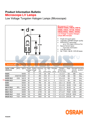 64602 datasheet - Product Information Bulletin Microscope LV Lamps Low Voltage Tungsten Halogen Lamps (Microscope)