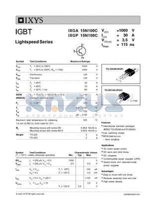 IXGA15N100C datasheet - IGBT Lightspeed Series