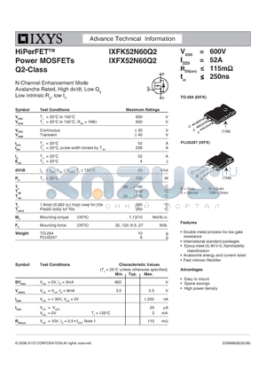 IXFX52N60Q2 datasheet - HiPerFET Power MOSFETs Q2-Class