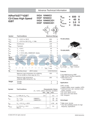 IXGA16N60C2D1 datasheet - HiPerFASTTM IGBT C2-Class High Speed IGBT