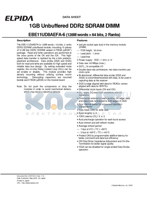 EBE11UD8AEFA-6 datasheet - 1GB Unbuffered DDR2 SDRAM DIMM (128M words x 64 bits, 2 Ranks)