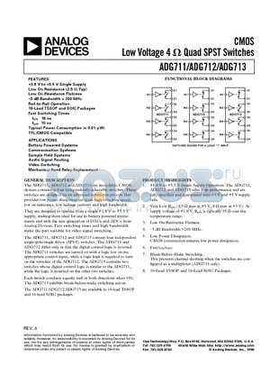 ADG711BR datasheet - CMOS Low Voltage 4 ohm Quad SPST Switches