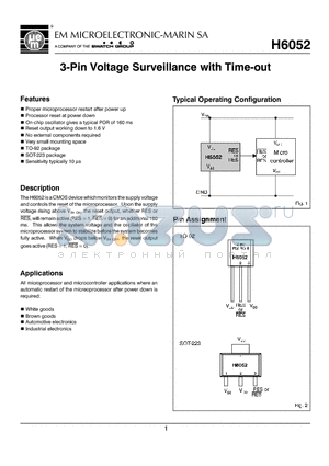 H6052 datasheet - 3-Pin Voltage Surveillance with Time-out