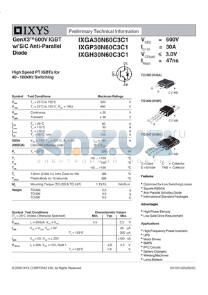 IXGA30N60C3C1 datasheet - GenX3TM 600V IGBT w/ SiC Anti-Parallel Diode