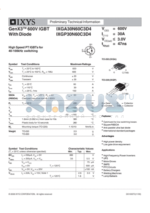 IXGA30N60C3D4 datasheet - GenX3 600V IGBT With Diode