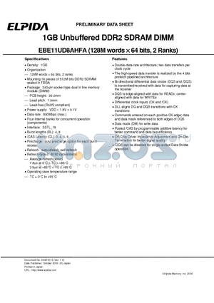 EBE11UD8AHFA datasheet - 1GB Unbuffered DDR2 SDRAM DIMM