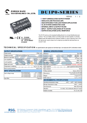 DU1P0-05D12 datasheet - 1 WATT UNREGULATED OUTPUT POWER