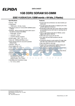 EBE11UE6ACUA datasheet - 1GB DDR2 SDRAM SO-DIMM