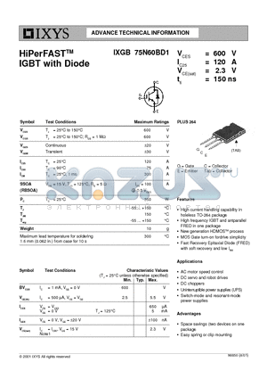 IXGB75N60BD1 datasheet - HiPerFAST IGBT with Diode