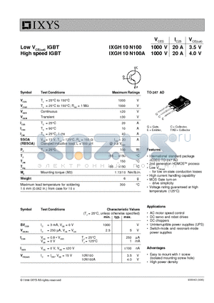 IXGH10N100 datasheet - Low VCE(sat) IGBT, High speed IGBT