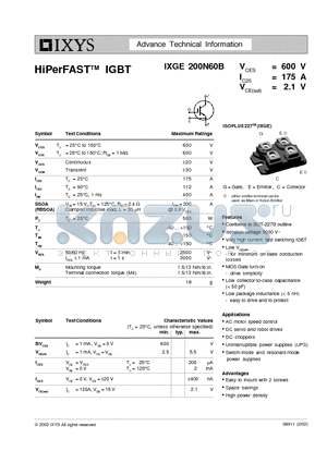 IXGE200N60B datasheet - HiPerFAST IGBT