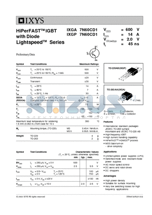 IXGA7N60CD1 datasheet - HiPerFAST IGBT with Diode Lightspeed Series