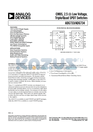 ADG734 datasheet - CMOS, 2.5 ohm  Low Voltage, Triple/Quad SPDT Switches