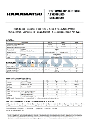 H6533 datasheet - PHOTOMULTIPLIER TUBE ASSEMBLIES