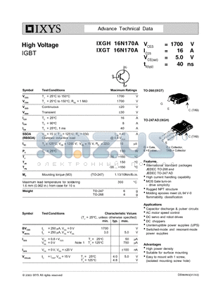 IXGH14N170A datasheet - High Voltage IGBT