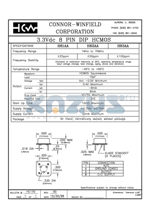 H63AA datasheet - 3.3Vdc 8 PIN DIP HCMOS