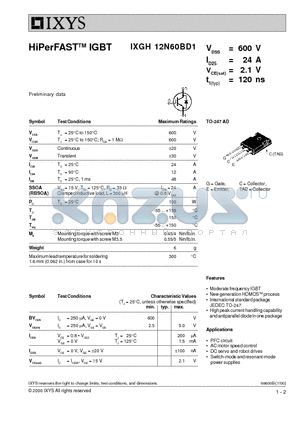 IXGH12N60BD1 datasheet - HiPerFAST TM IGBT