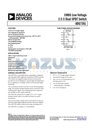 ADG736LBRM-REEL datasheet - CMOS Low Voltage 2.5 OHM Dual SPDT Switch