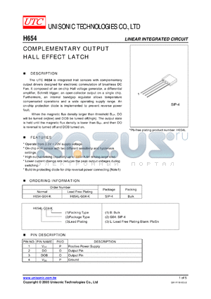 H654L-G04-K datasheet - COMPLEMENTARY OUTPUT HALL EFFECT LATCH