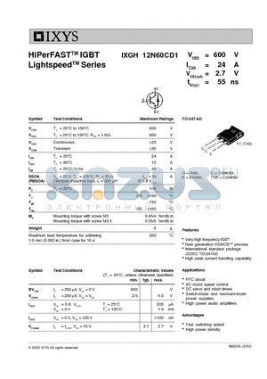 IXGH12N60CD1 datasheet - HiPerFASTTM IGBT LightspeedTM Series