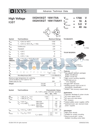 IXGH16N170A datasheet - High Voltage IGBT