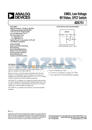 ADG751 datasheet - CMOS, Low Voltage RF/Video, SPST Switch