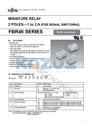 FBR46 datasheet - MINIATURE RELAY 2 POLES-1 to 2 A (FOR SIGNAL SWITCHING)