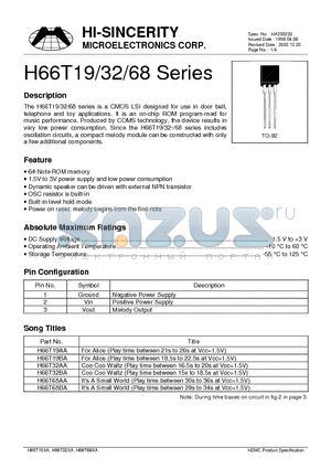 H66T32AA datasheet - 64-Note ROM memory Dynamic speaker can be driven with external NPN transistor