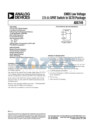 ADG749 datasheet - CMOS Low Voltage 2.5ohm  SPDT Switch In SC70 Package