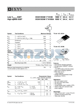 IXGH17N100 datasheet - Low VCE(sat) IGBT,  High speed IGBT