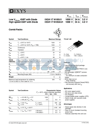 IXGH17N100AU1 datasheet - Low VCE(sat) IGBT with Diode High speed IGBT with Diode