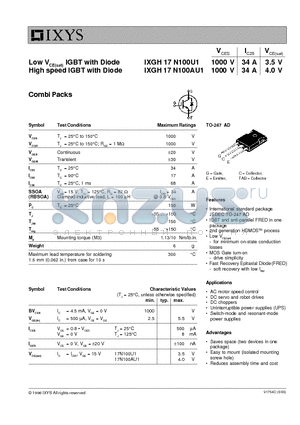 IXGH17N100U1 datasheet - Low VCE(sat) IGBT with Diode High speed IGBT with Diode