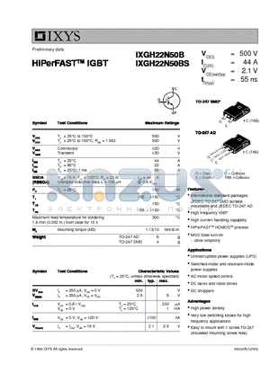 IXGH22N50B datasheet - HiPerFAST IGBT