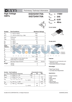 IXGH24N170A datasheet - High Voltage IGBTs