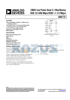 ADG772 datasheet - CMOS Low Power Dual 2:1 Mux/Demux USB 2.0 (480 Mbps)/USB 1.1 (12 Mbps)