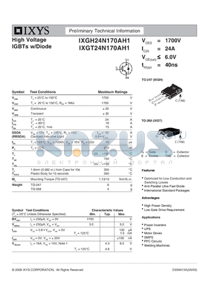 IXGH24N170AH1 datasheet - High Voltage IGBTs w/Diode
