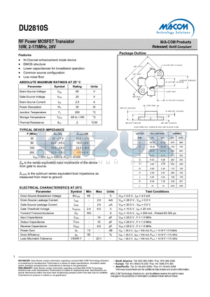 DU2810S datasheet - RF Power MOSFET Transistor 10W, 2-175MHz, 28V