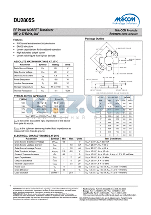DU2805S datasheet - RF Power MOSFET Transistor 5W, 2-175MHz, 28V