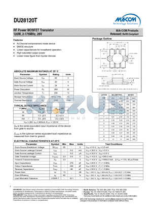 DU28120T datasheet - RF Power MOSFET Transistor 120W, 2-175MHz, 28V