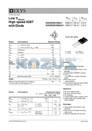 IXGH25N100AU1 datasheet - High speed IGBT with Diode