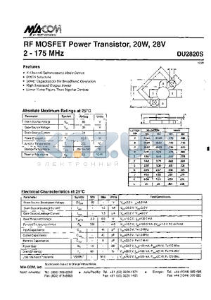 DU2820 datasheet - RF MOSFET Power Transistor, 2OW, 28V 2 - 175 MHz
