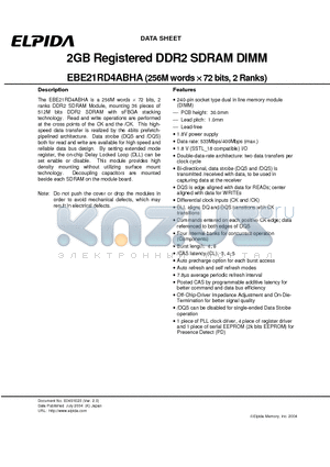 EBE21RD4ABHA datasheet - 2GB Registered DDR2 SDRAM DIMM (256M words x 72 bits, 2 Ranks)
