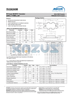 DU28200M datasheet - RF Power MOSFET Transistor 200W, 2-175MHz, 28V