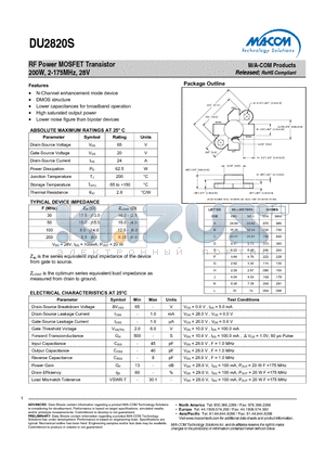 DU2820S datasheet - RF Power MOSFET Transistor 200W, 2-175MHz, 28V