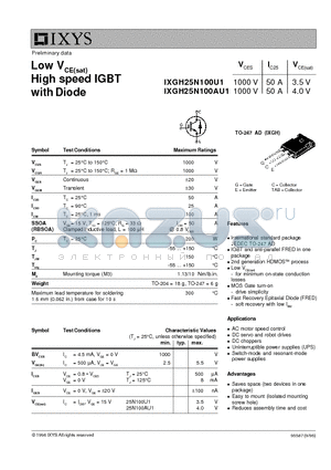 IXGH25N100U1 datasheet - High speed IGBT with Diode