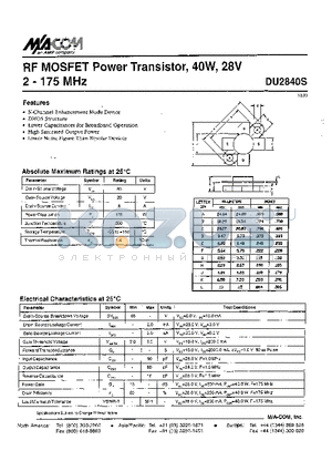 DU2840S datasheet - RF MOSFET Power Transistor, 4OW, 28V 2 - 175 MHz