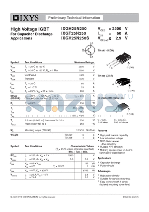 IXGH25N250 datasheet - High Voltage IGBT For Capacitor Discharge Applications