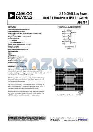 ADG787BRMZ-REEL datasheet - 2.5 OHM CMOS Low Power Dual 2:1 Mux/Demux USB 1.1 Switch