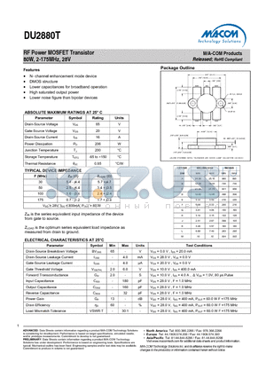 DU2880T datasheet - RF Power MOSFET Transistor 80W, 2-175MHz, 28V