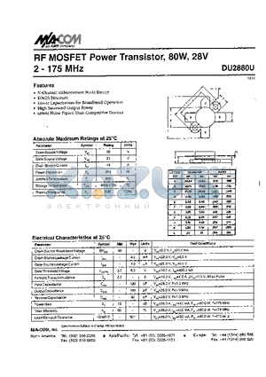 DU2880U datasheet - RF MOSFET Power Transistor, 8OW, 28V 2 - 175 MHz